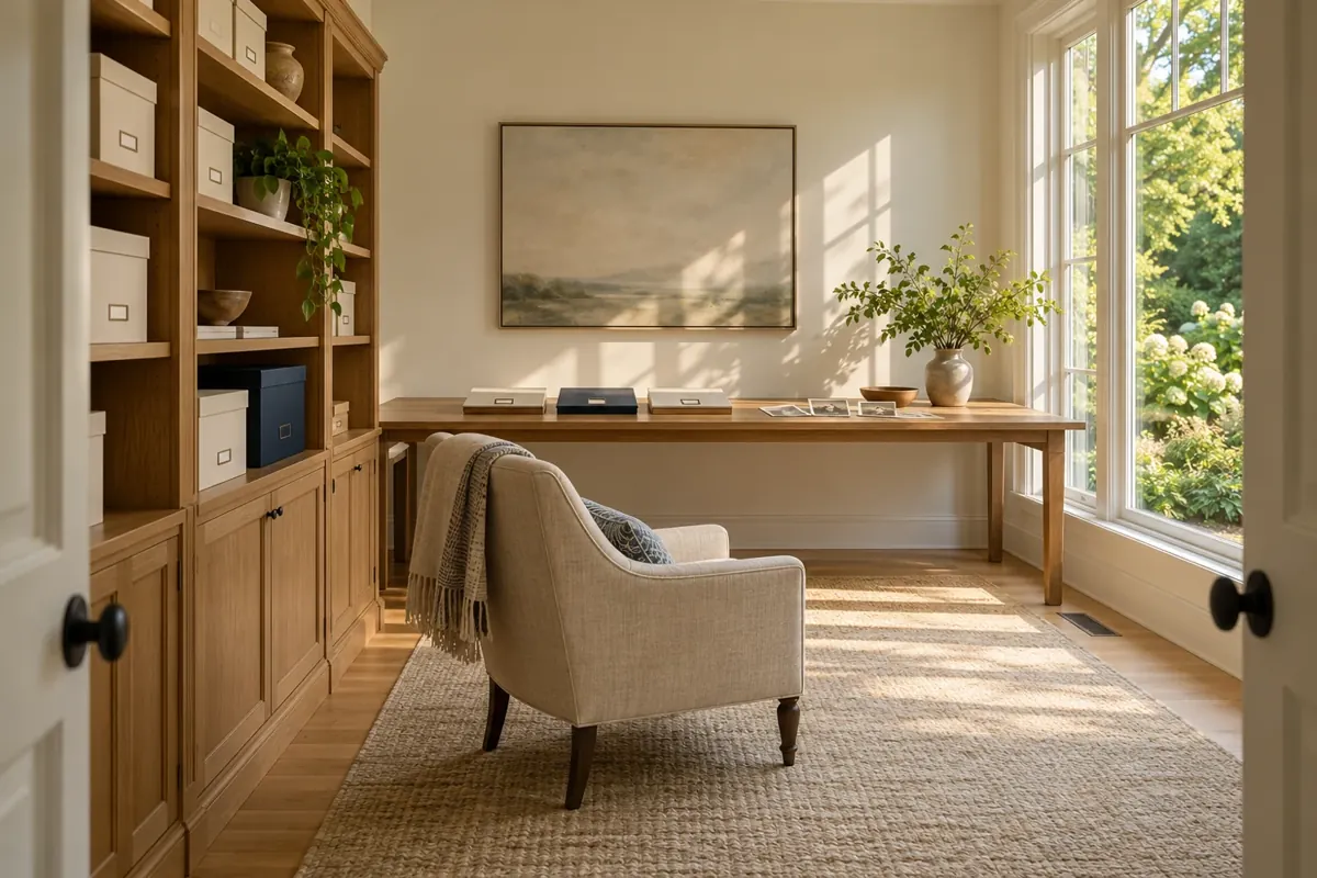 Illustrative sunlit archival room with organized family materials