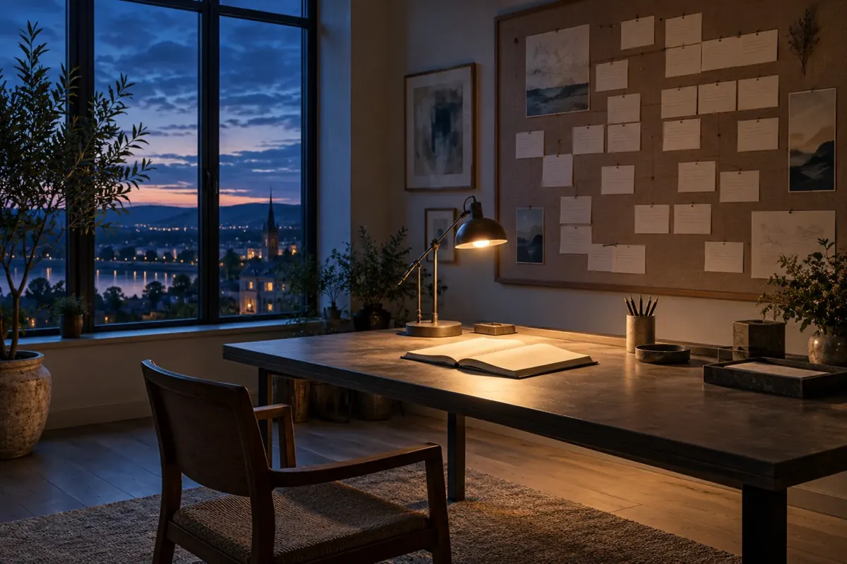 Illustrative writing workspace and chapter cards at dusk
